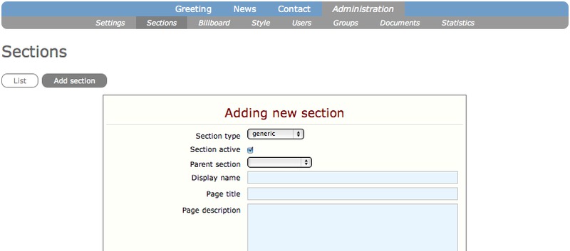 Screenshot of the Add section online form