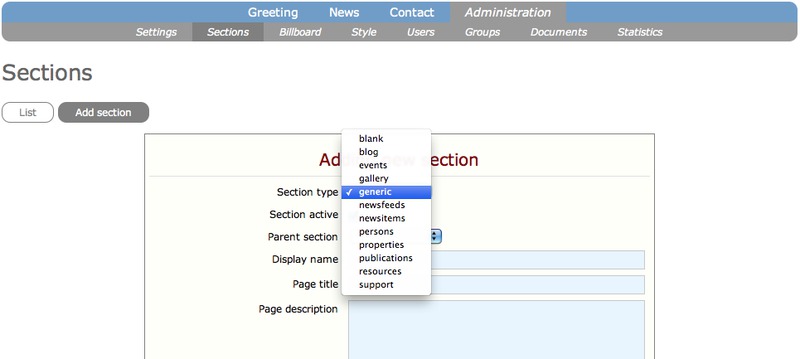 Screenshot of dropdown menu showing section types that can be selected