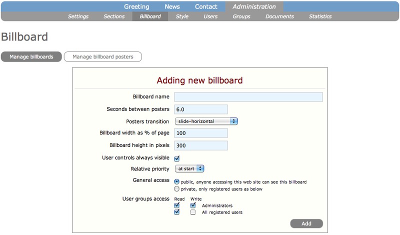 Screenshot of the Billboard add form