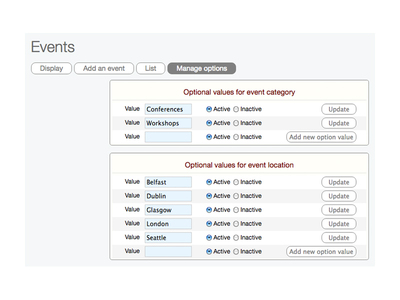 Add options for an event category and locations