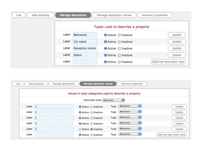 Screenshot of forms showing how to add Property descriptors and their values